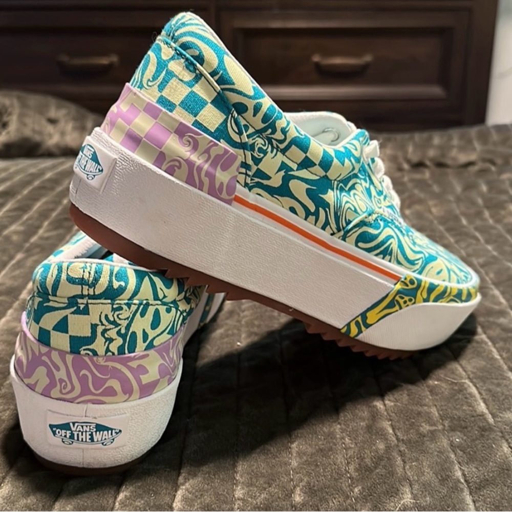 Vans Women's Platform Shoes - Blue and Yellow Pattern - Picture 2 of 2